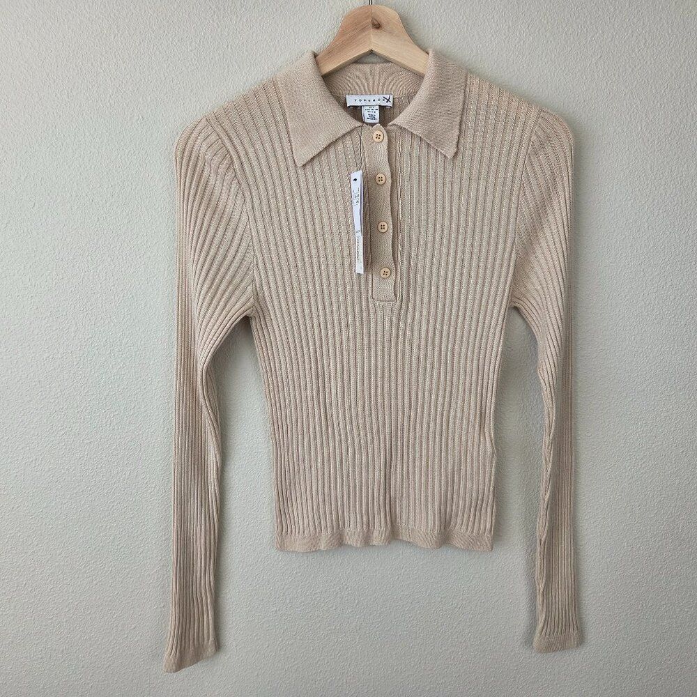 Topshop Ribbed Henley Knit Top Size S Beige Tan Neutral Preppy Collar Stretch